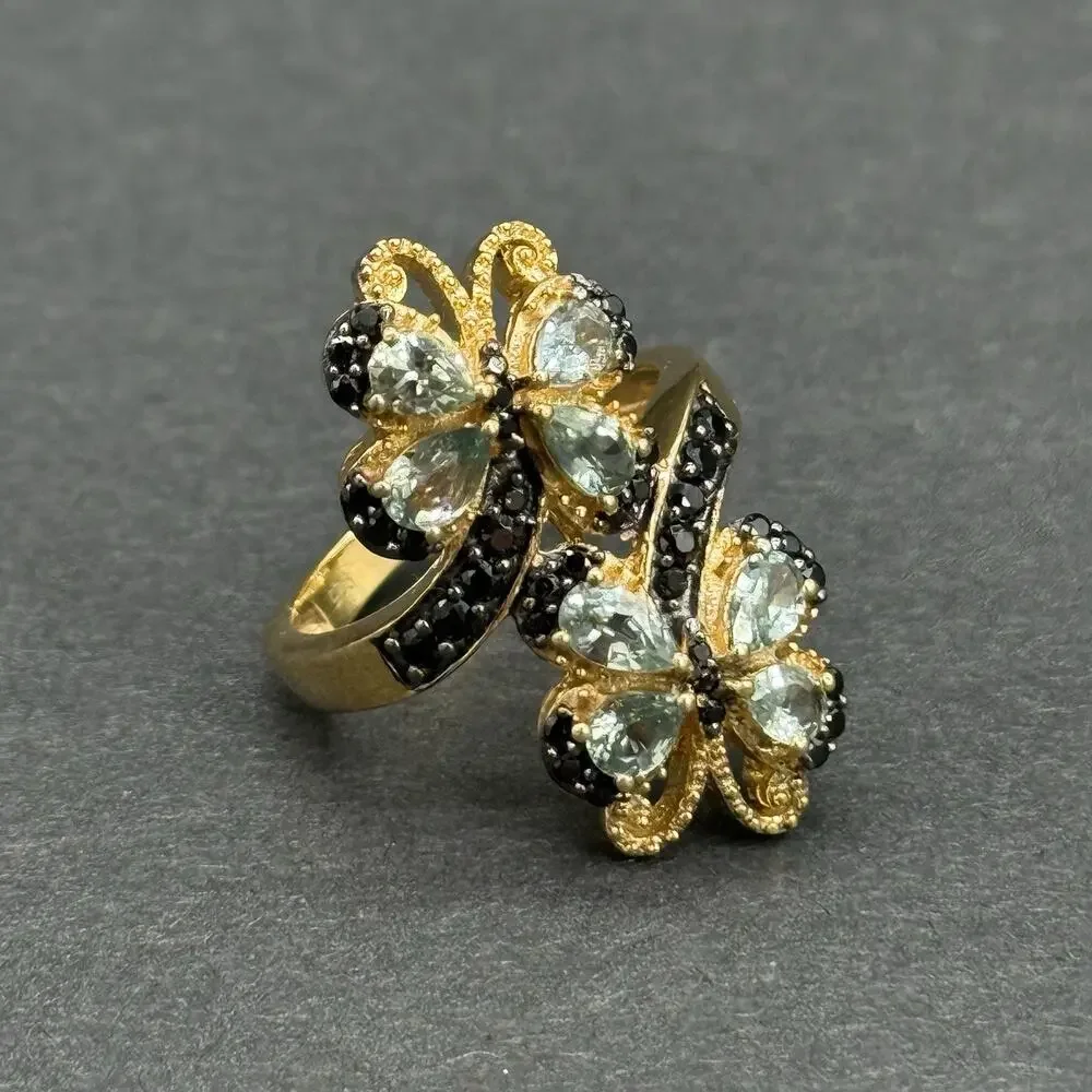 Signed STS 925 Sterling Silver Gold Plated Dual Butterfly Cocktail Ring Size 9